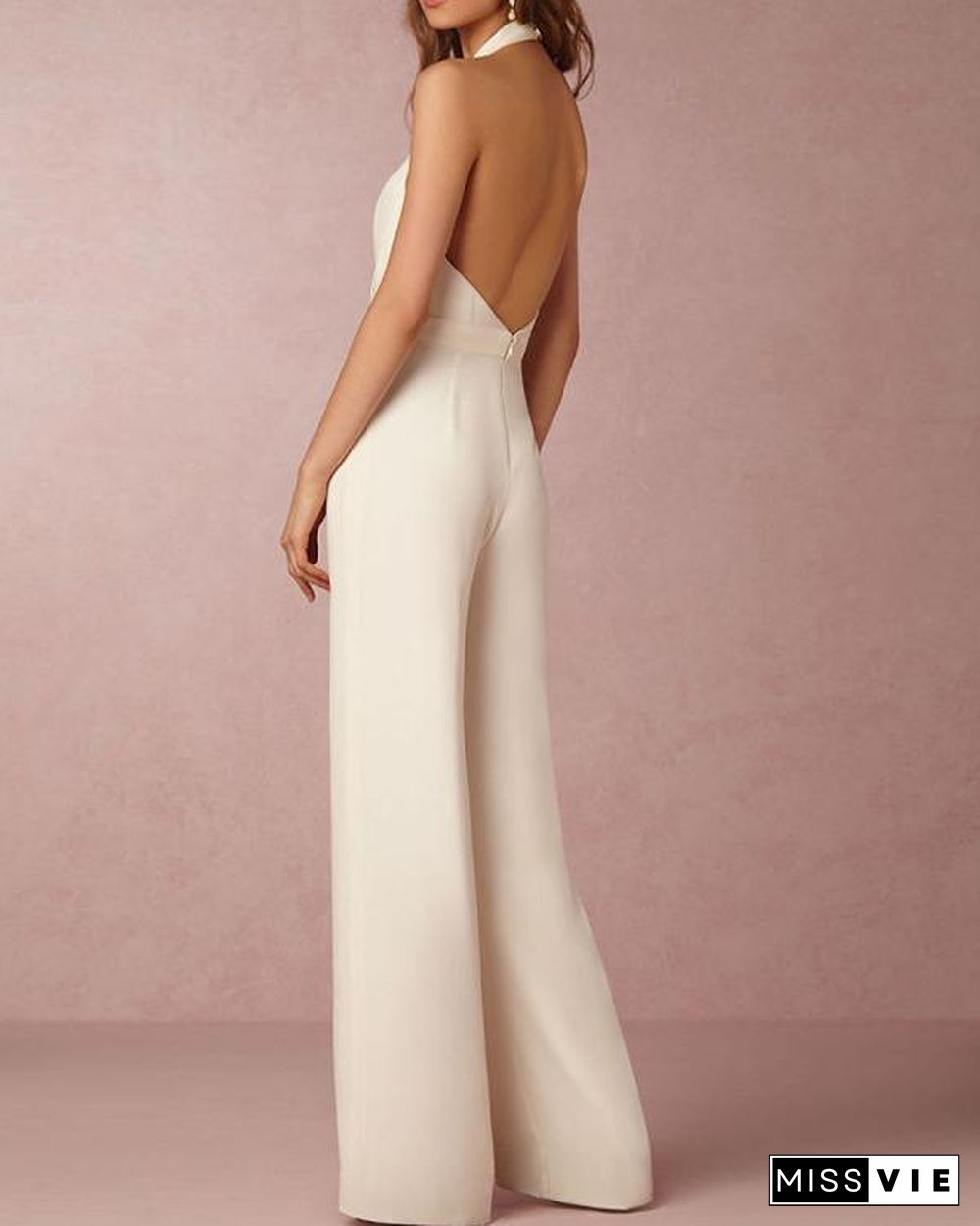 Halter Pocket Plain Wide-Leg Jumpsuit