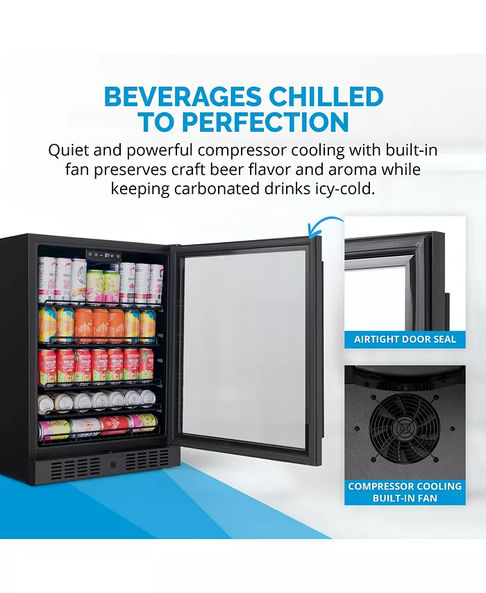 Newair 24 Beverage Refrigerator Cooler 177 Can Black Stainless Steel with Triple-Layer Tempered Glass Door Built-in Counter or Freestanding Fridge Compressor Cooling with Precision Digital Temperature Control