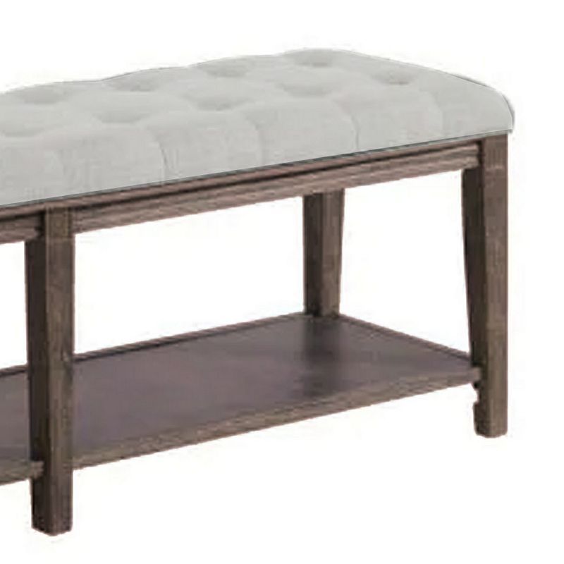 Bench with Button Tufted Seat and Open Shelf， Beige