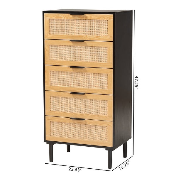 Maureen Mid-Century Modern Espresso Brown Wood and Rattan 5-Drawer Storage Cabinet - - 36118438