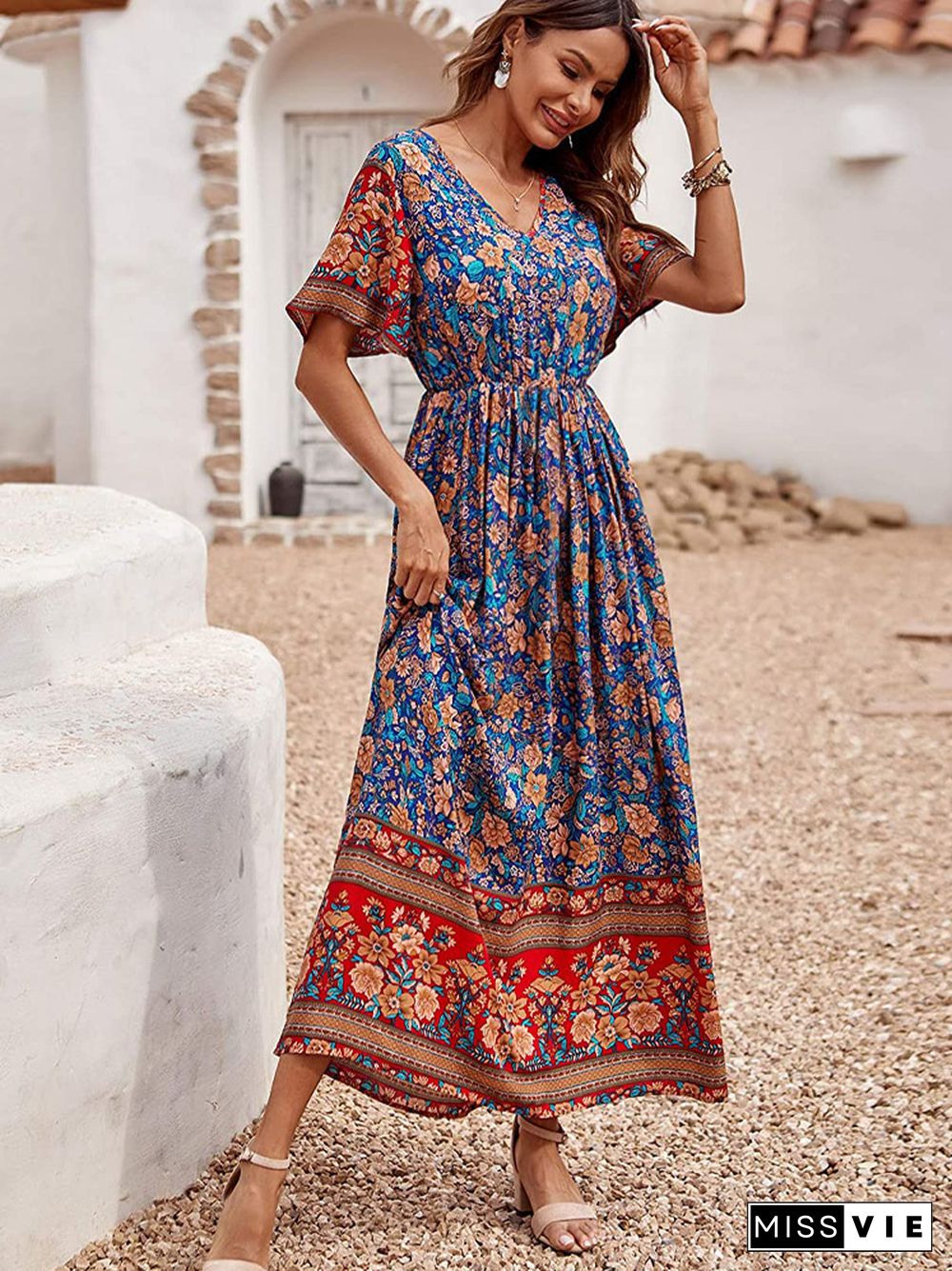 Bohemian Print V-neck Waist Dress Resort Beach Dress