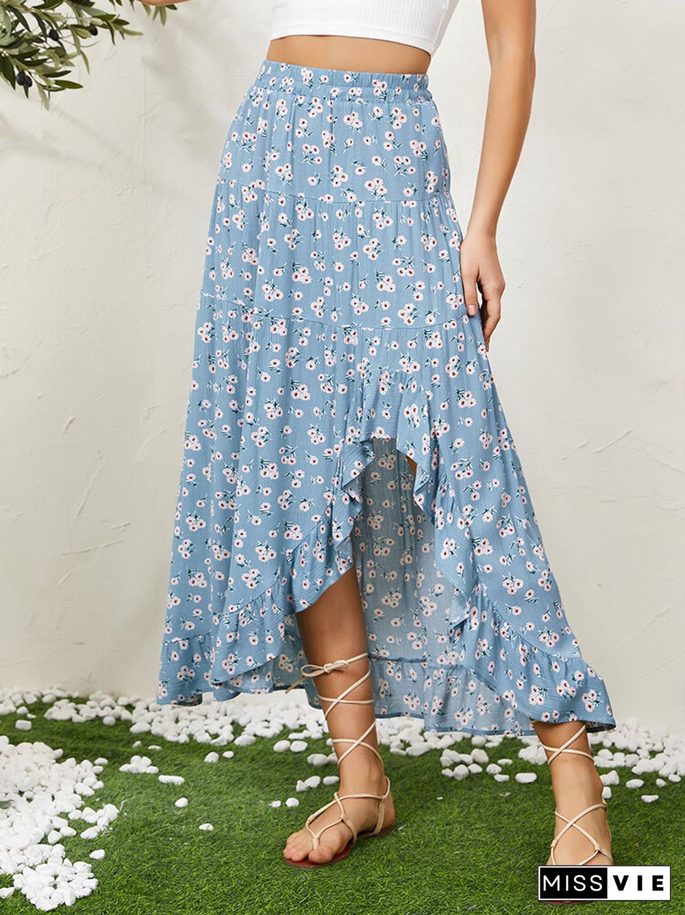 Bohemian Floral Print Ruffle Hem Elastic Waist Midi Skirt