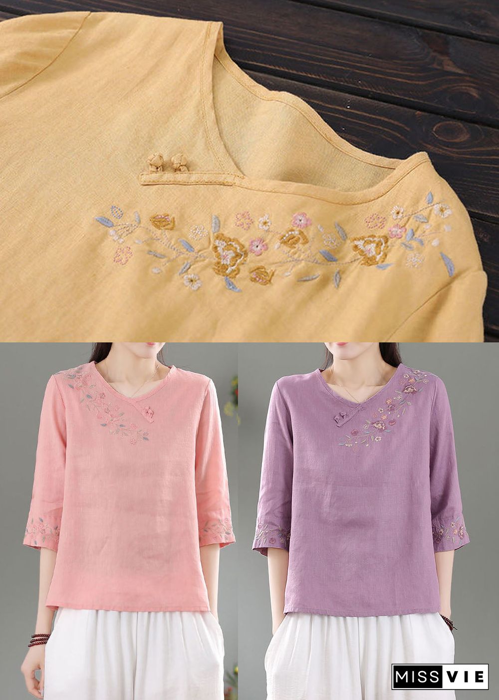 Purple Patchwork Linen Shirt Top O-Neck Embroideried Three Quarter sleeve