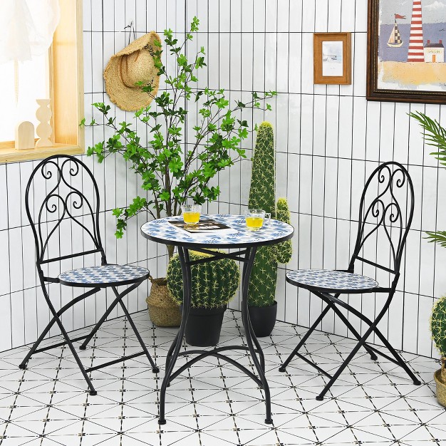 Costway 3pcs Patio Bistro Furniture Set Folding Chair Mosaic Design Garden Blue