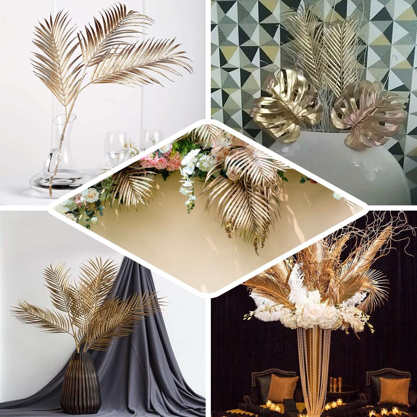 2 Stems Metallic Gold Artificial Palm Leaf Branch Vase Filler 32