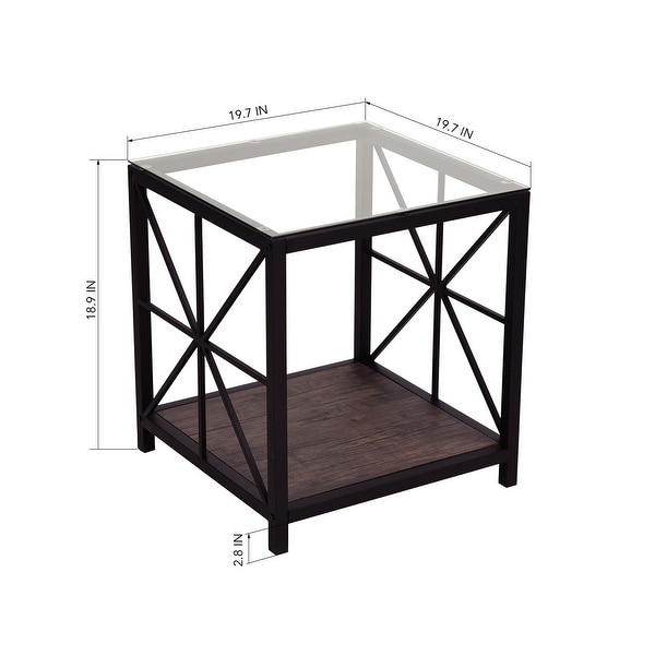 Homylin Industrial Square Side End Accent Table-Glass/Wood