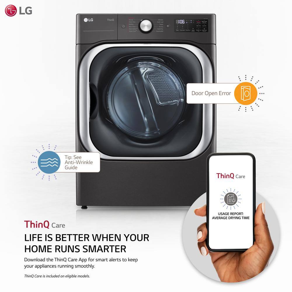 LG 9 cu. ft. Large Capacity Vented Smart Stackable Gas Dryer with Sensor Dry TurboSteam Extra Cycles in Black Steel DLGX8901B