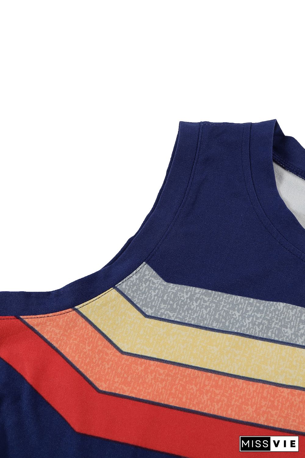 Blue Crew Neck Colorblock Stripes Tank Top