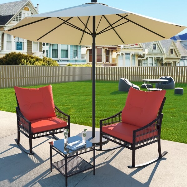 VEIKOUS 3Piece Outdoor Wicker Patio Porch Rocking Chair and Rattan Coffee Table Set with Cushions and Pillows