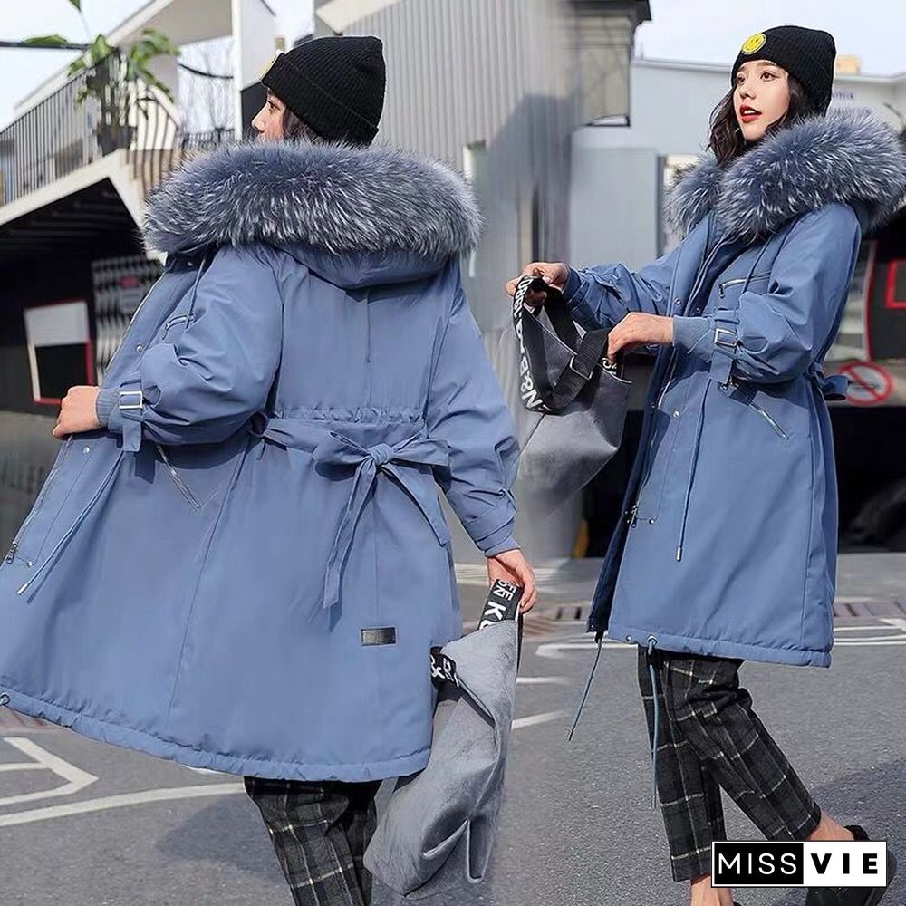 Fashion Long Lamb Hair Liner Parker Cotton Jacket Coat New Warm Women'S Winter Jackets Belt Big Faux Fur Coats Parkas