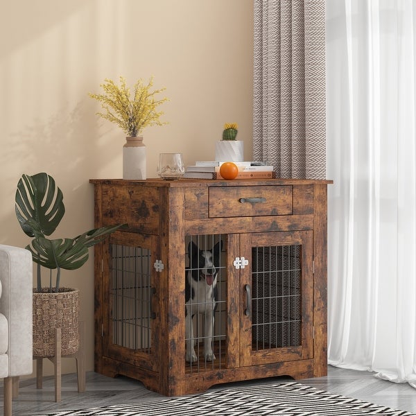 Mieres Double Door Wooden End Table Dog Crate with Double Doors， Indoor Pet Kennel Side Table with Storage Drawer