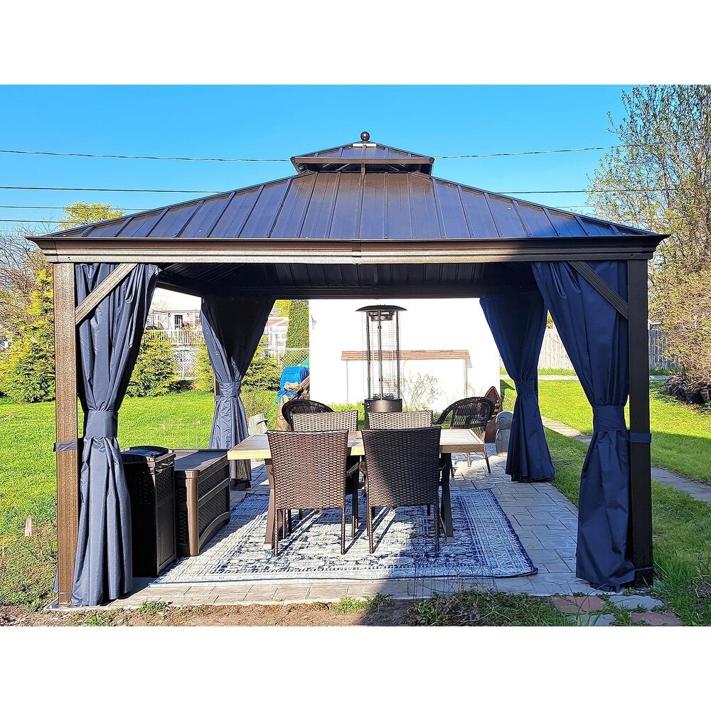 PURPLE LEAF Hardtop Aluminum Gazebo with Curtains and Netting  Double Roof Patio Gazebo  Bulbs included