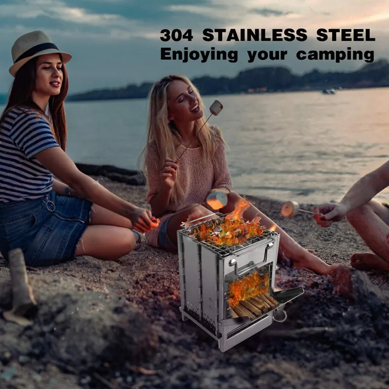 Folding Wood Burning Camp Stove Stainless Steel Grill Small Portable Backpacking Stove Hiking Camping Survival BBQ Equipment