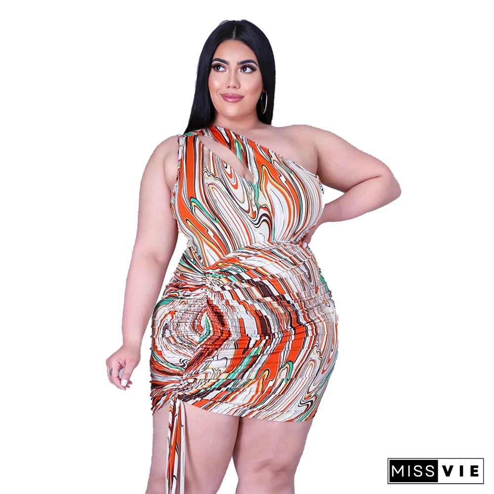 Plus Size Tie Dye One Shoulder Sleeveless Drawstring Ruched Bodycon Party Club Summer Women Dress