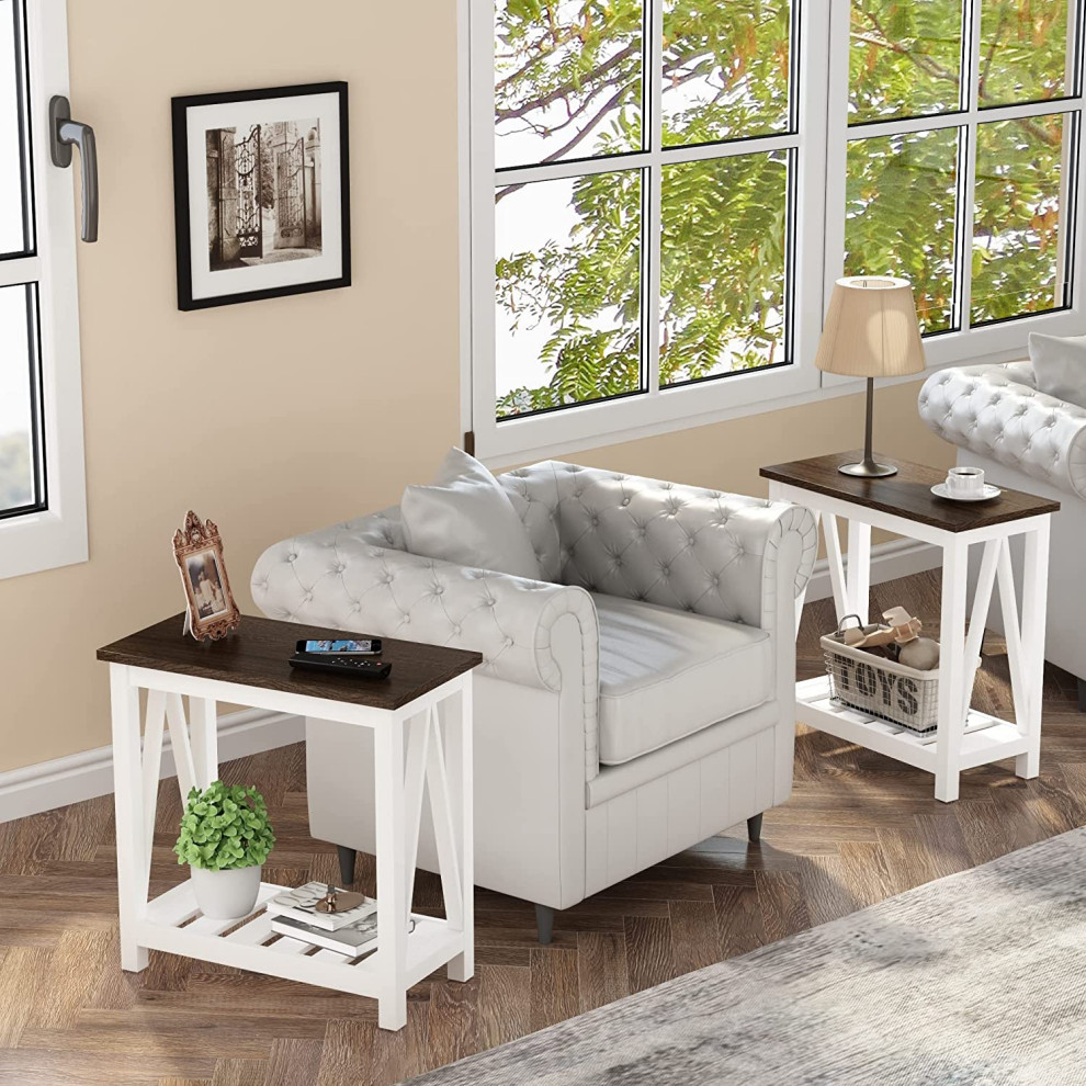 Farmhouse End Table with Storage Shelf for Small Spaces  White 2 Pack   Industrial   Coffee Table Sets   by Imtinanz  LLC  Houzz