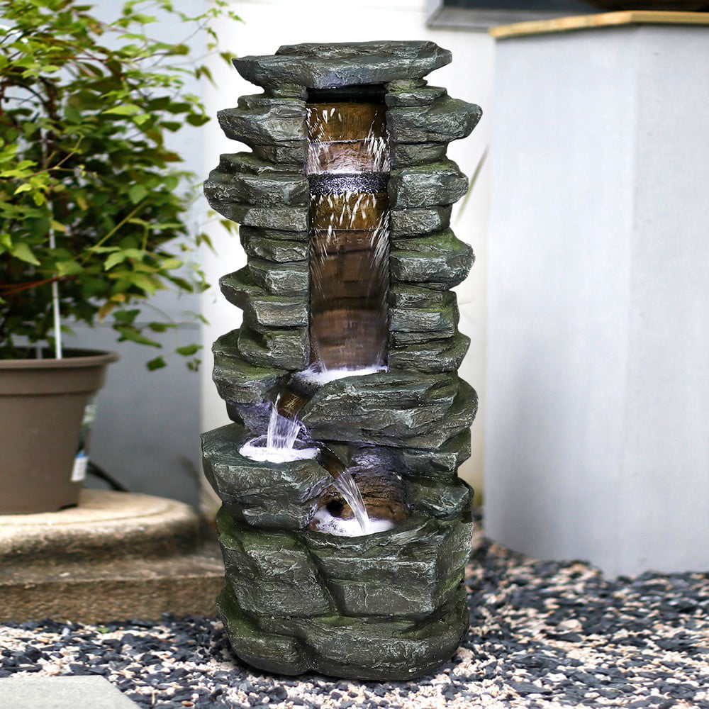 Outdoor Water Fountain with LED Lights Electric Resin Waterfall for Garden Patio Porch