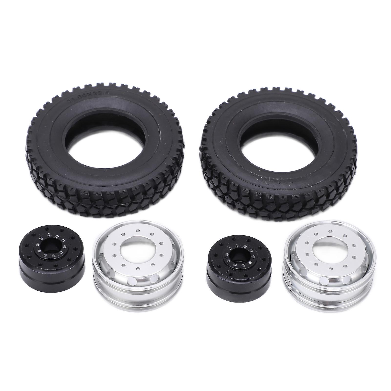 2pcs Metal Front Wheel Hub With Rubber Tires For Tamiya 1/14 Rc Trailer Tractor Truck Carblack