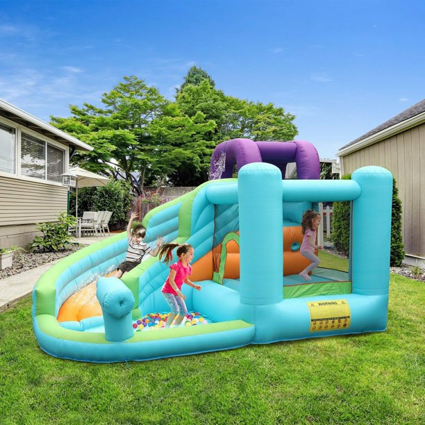 New Inflatable Bounce House, 420D Oxford Cloth PVC Bouncy Castle Blue (Slide/Pool/Trampoline/Water Gun) - Including Blower