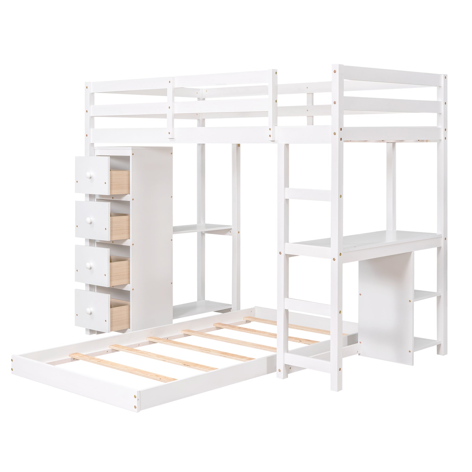 Euroco Twin over Twin Loft Bed with Drawers for Kids, White