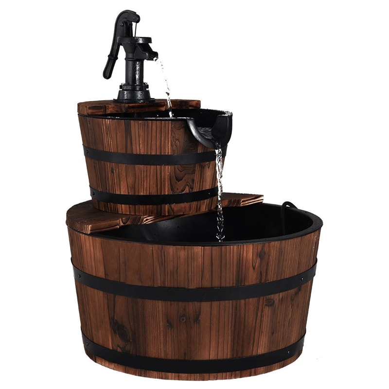 2-Tier Outdoor Barrel Waterfall Fountain with Hand Pump for Garden Backyard