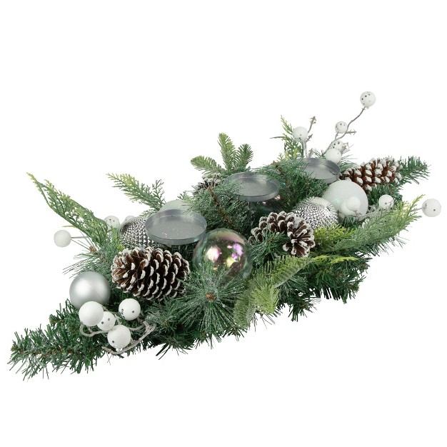 Green Pine Triple Candle Holder With Berries And Iridescent Christmas Ornaments