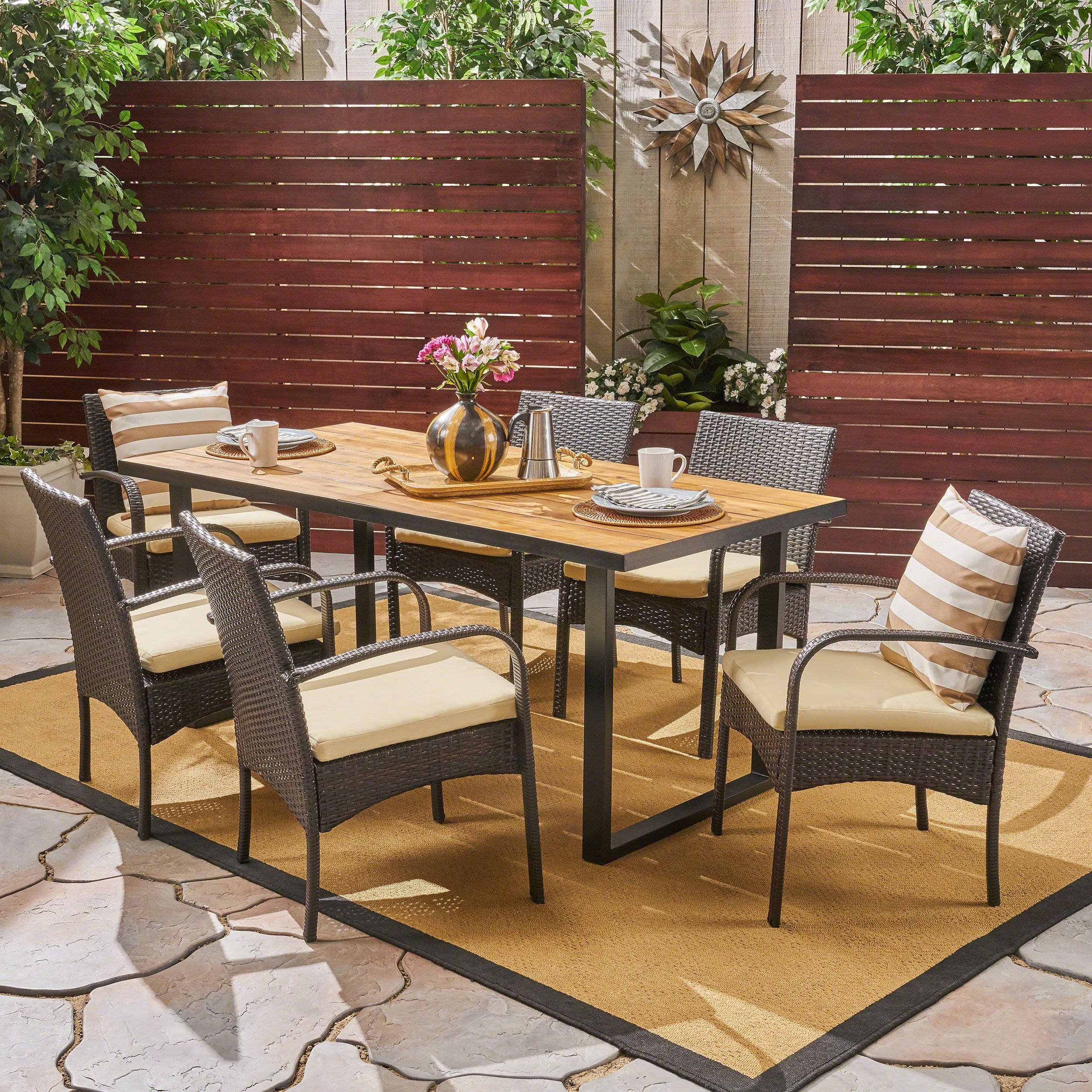 Amenda Outdoor 6-Seater Rectangular Acacia Wood and Wicker Dining Set, Teak with Black and Multi Brown with Cream