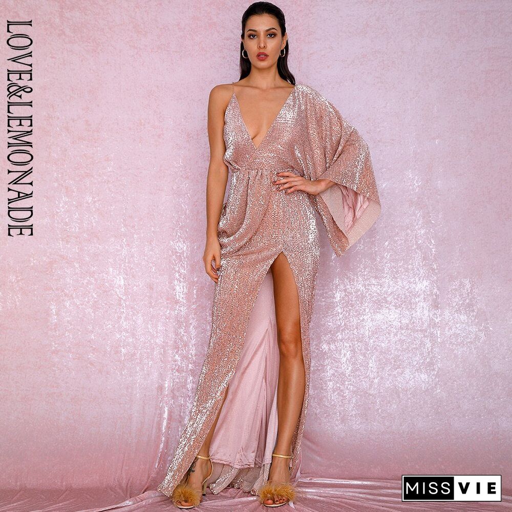 Love&Lemonade Sexy Rose Gold V-Neck Single Sleeve Sequins Split Party Maxi Dress Lm81848