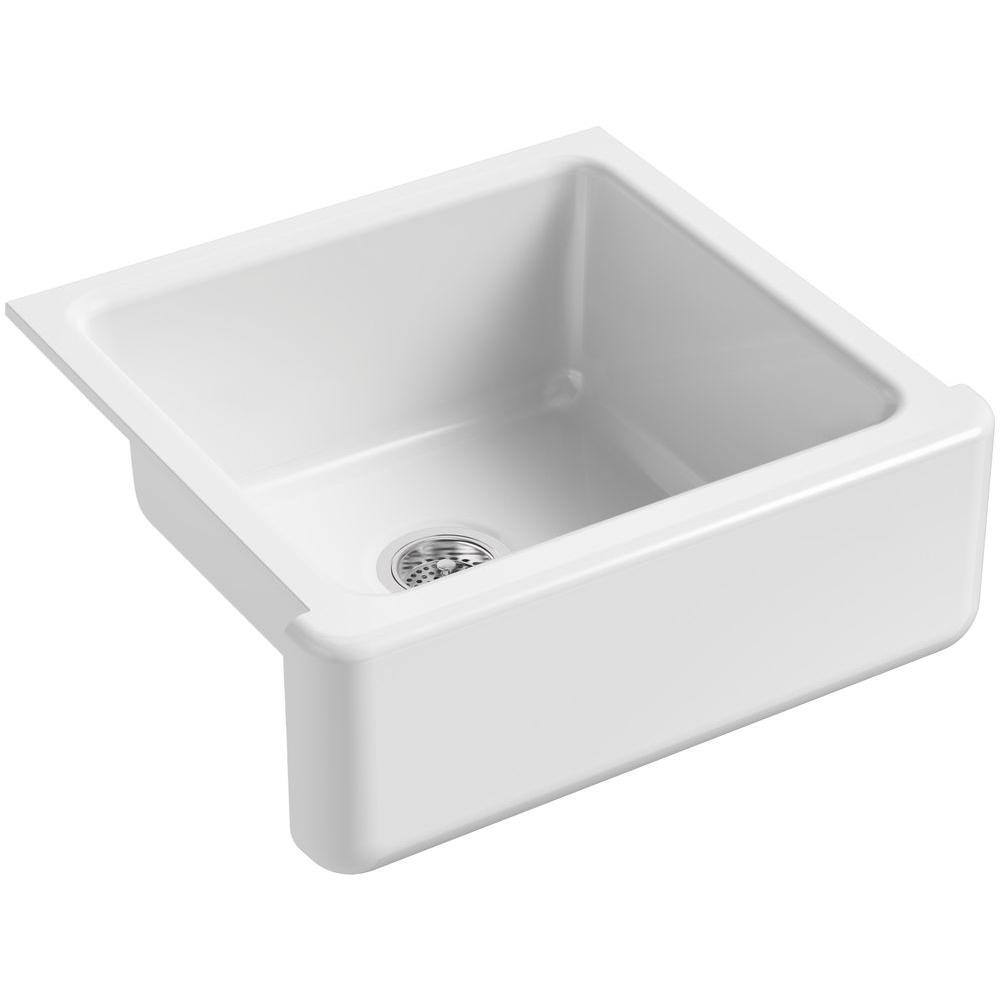 KOHLER Whitehaven Farmhouse Apron Front Undermount Cast Iron 24 in. Single Bowl Kitchen Sink in White K-5665-0