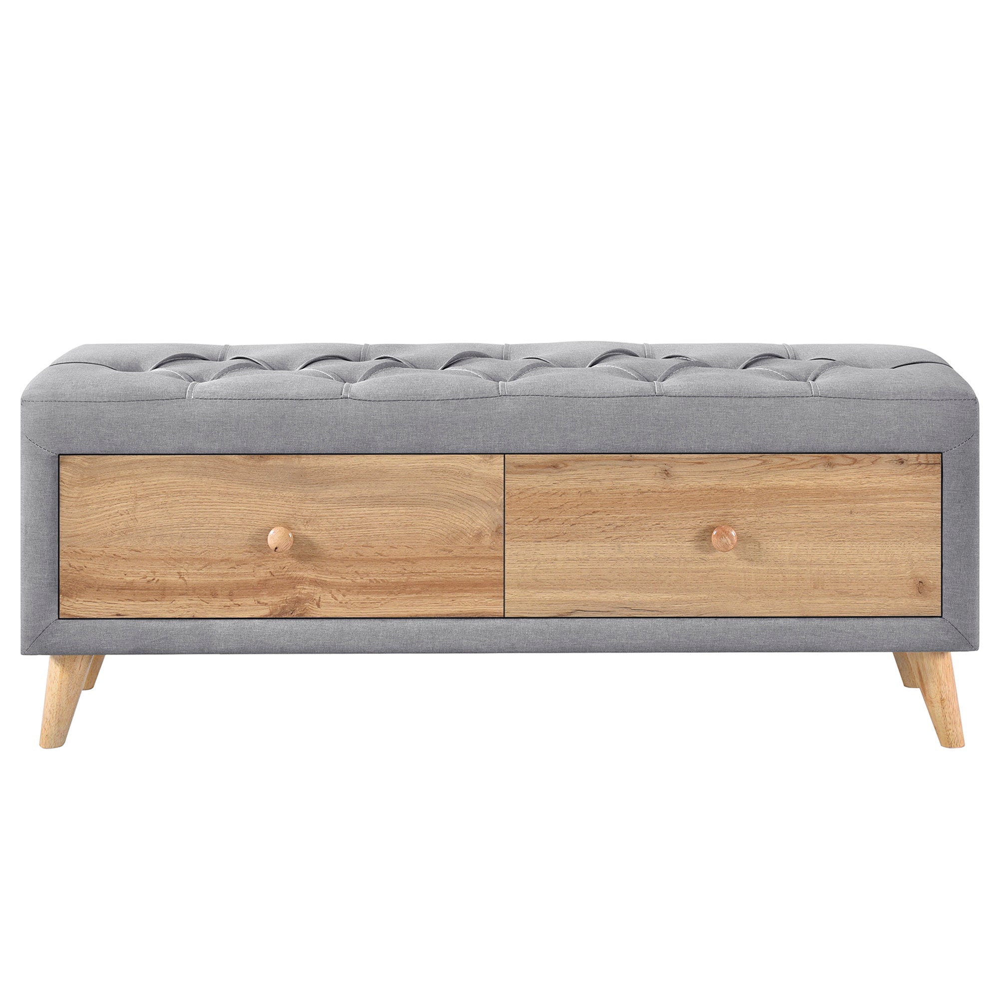 Upholstered Wooden Storage Bench with 2 Drawers For Bedroom,Fully Assembled Except Legs and Handles,Padded Seat with Rubber Wood Leg-Gray