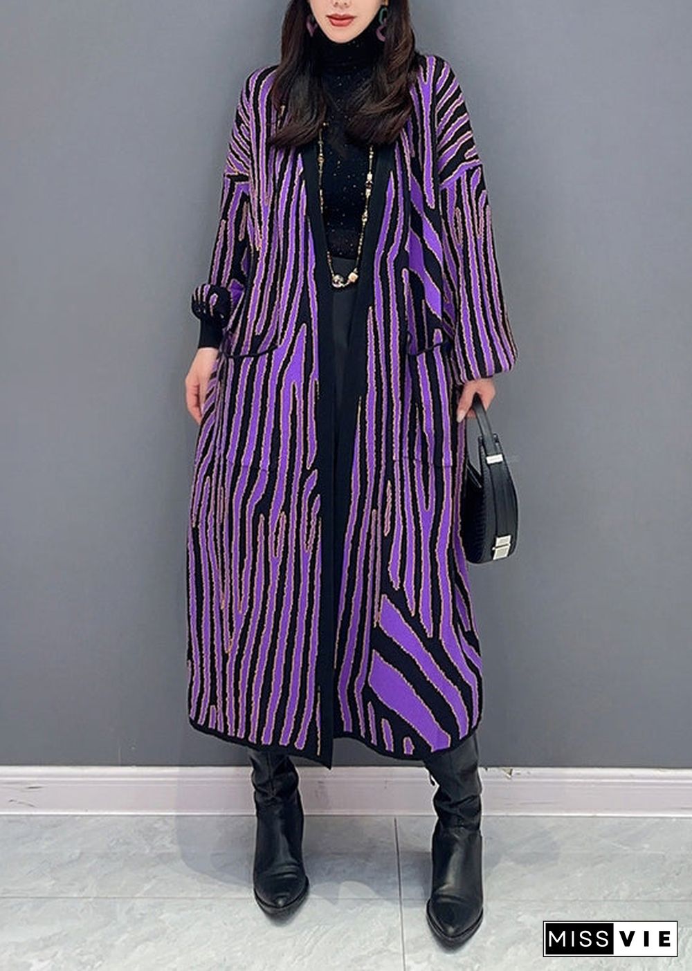 Women Purple Striped Pockets Patchwork Knit Long Cardigan Fall