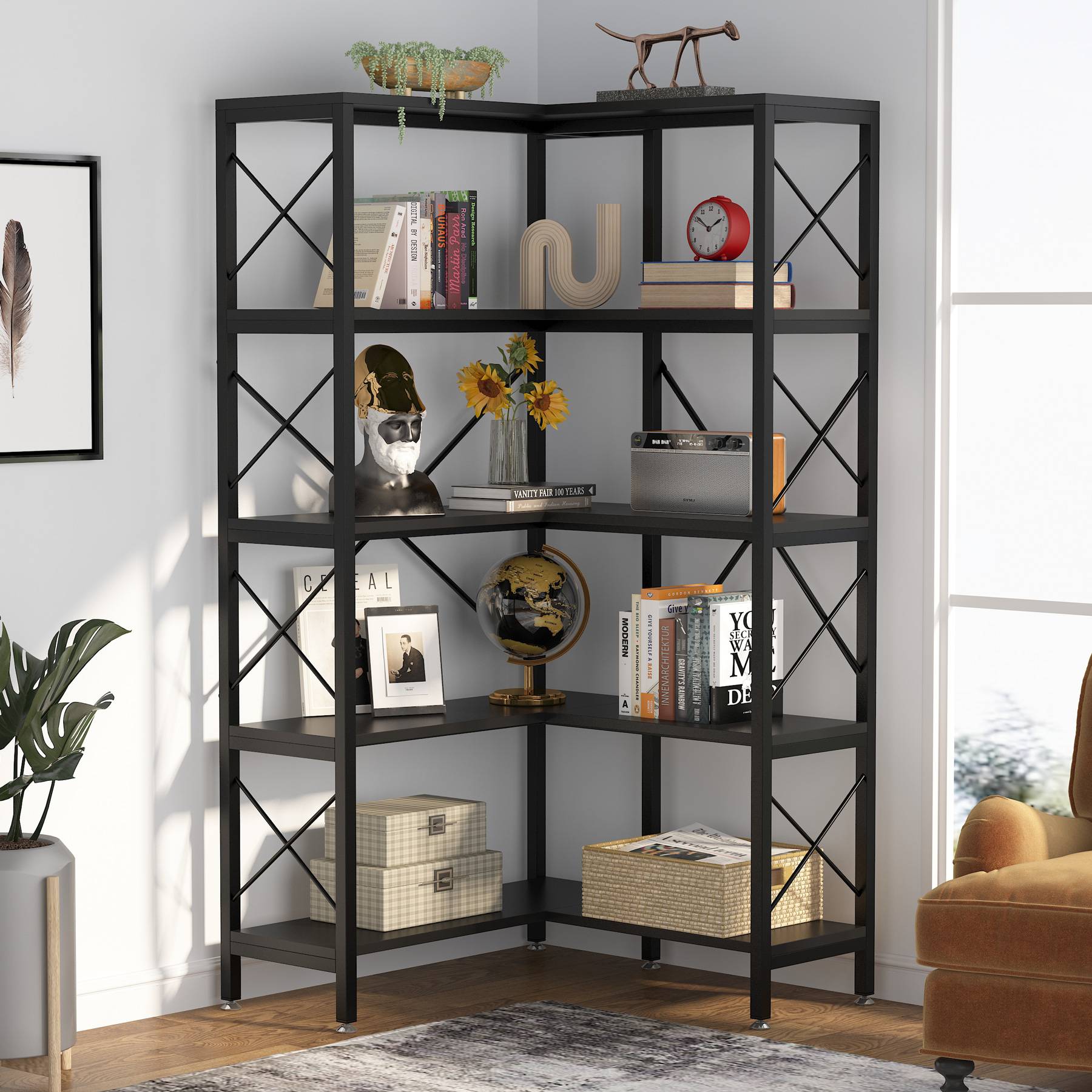 5-Shelf Corner Bookshelf, 65.7 Corner Etagere Bookcase Corner Display Rack