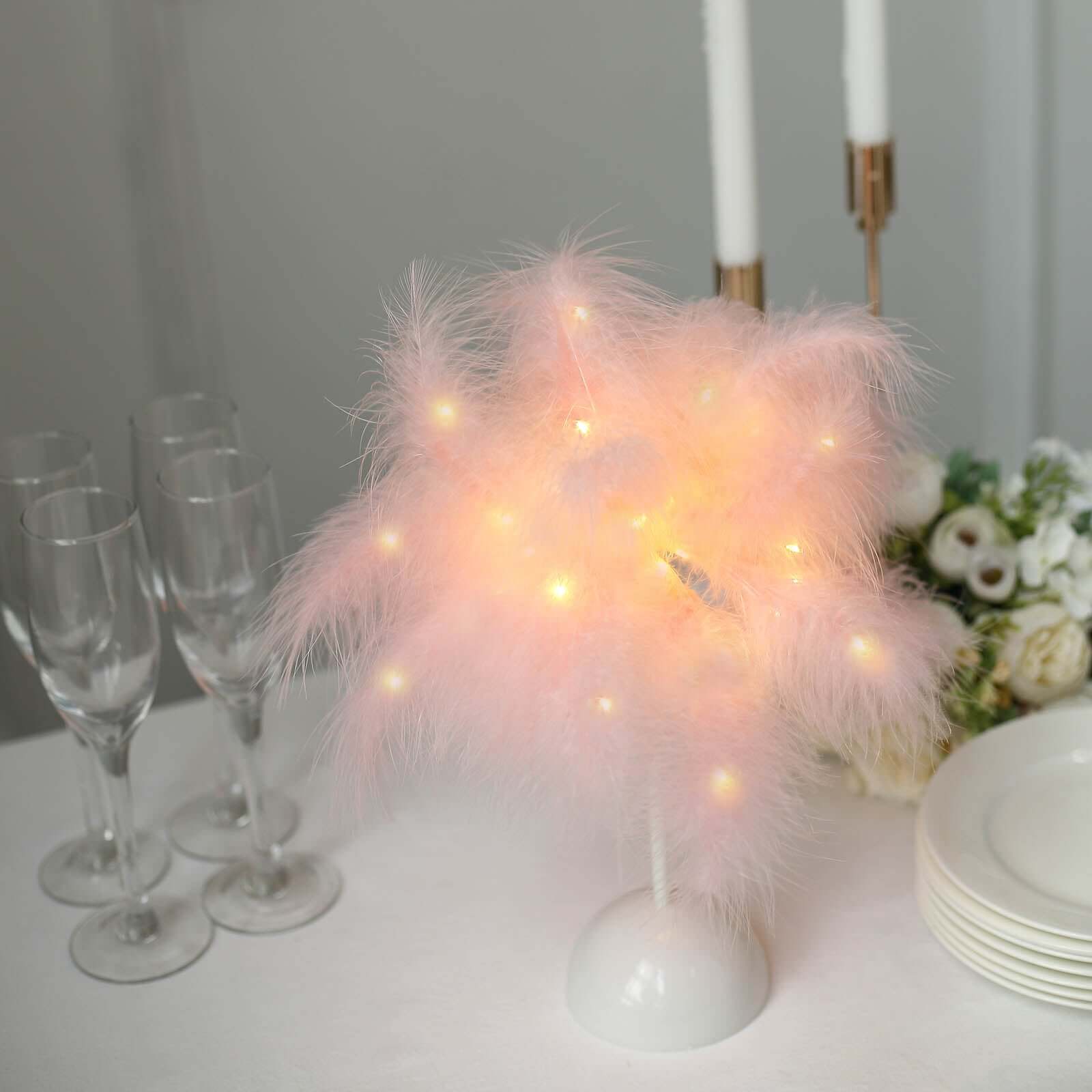 LED Blush Feather Table Lamp Desk Light, Battery Operated Cordless Wedding Centerpiece 15