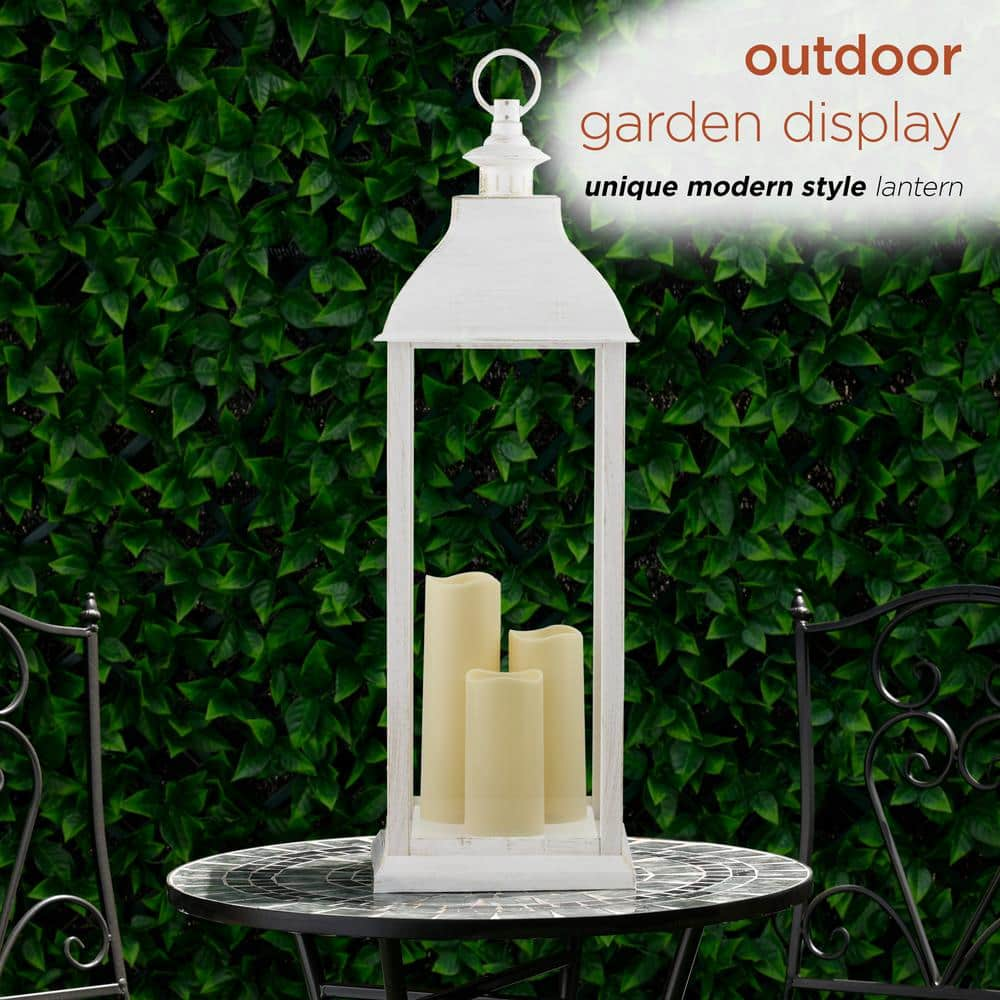 Alpine Corporation 28 in. Tall Outdoor Battery-Operated Lantern with LED Lights, White IVY100HH-L