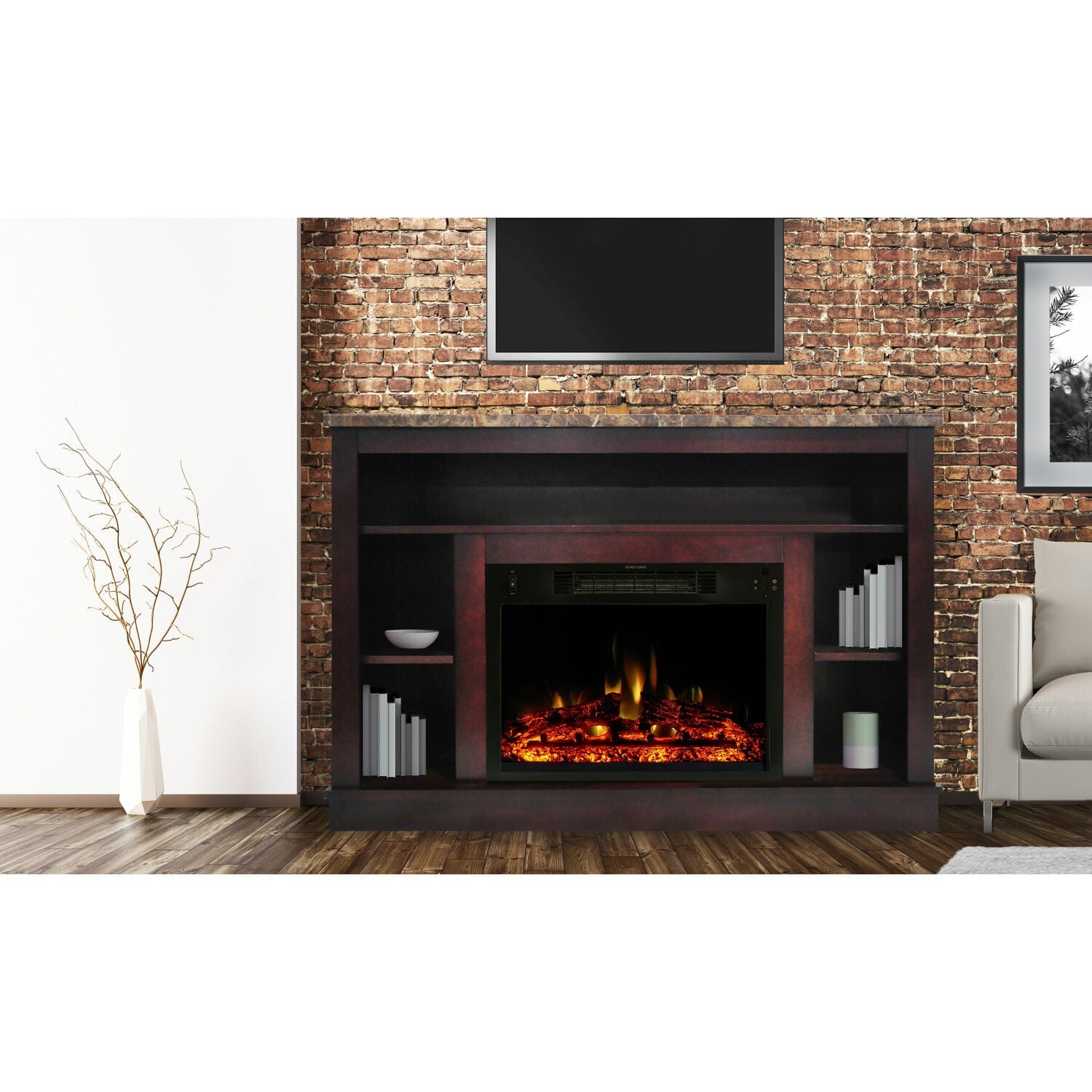 Cambridge Seville 47'' Freestanding Electric Fireplace with Remote| Multi-Color Flame| Log Insert | Cherry Mantel | For Rooms up to 210 Sq.Ft. | Adjustable Heat Settings | Timer