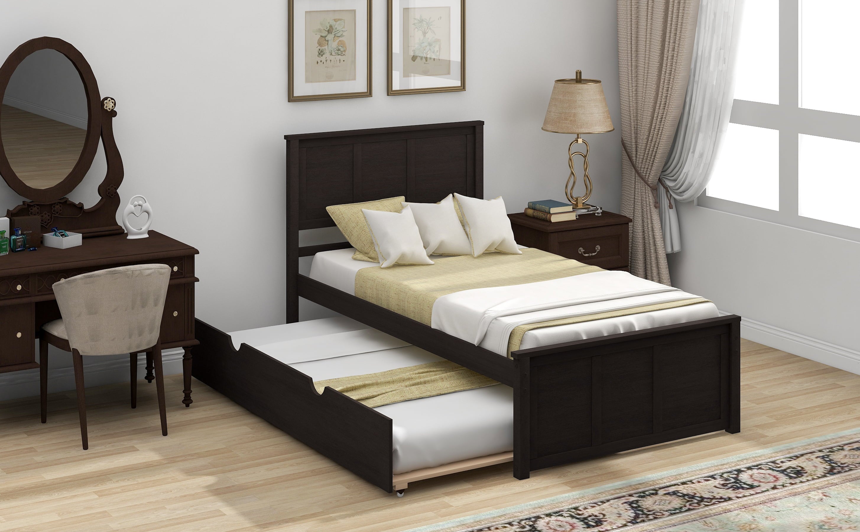 Euroco Wood Twin Platform Bed with Headboard & Trundle for Child, Espresso