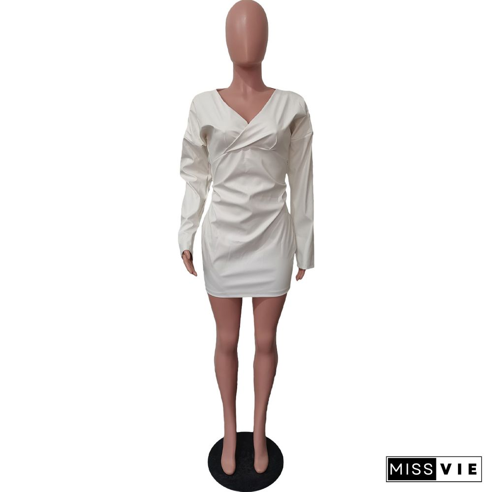 V Neck Long Sleeve High Waist White Leather Dress