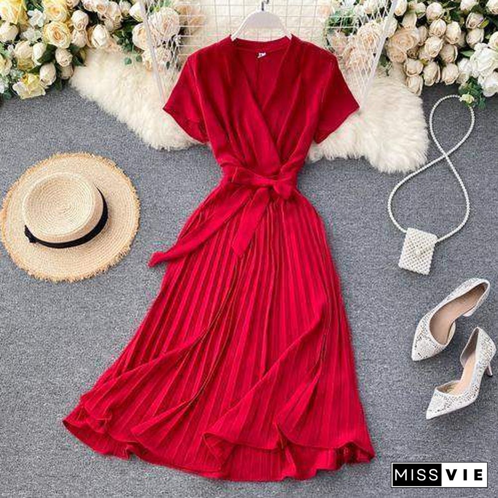 Autumn Fashion New Female Solid Pleated Dress Women V neck Short Sleeves Sashes Long Dresses Summer Streetwear Vintage