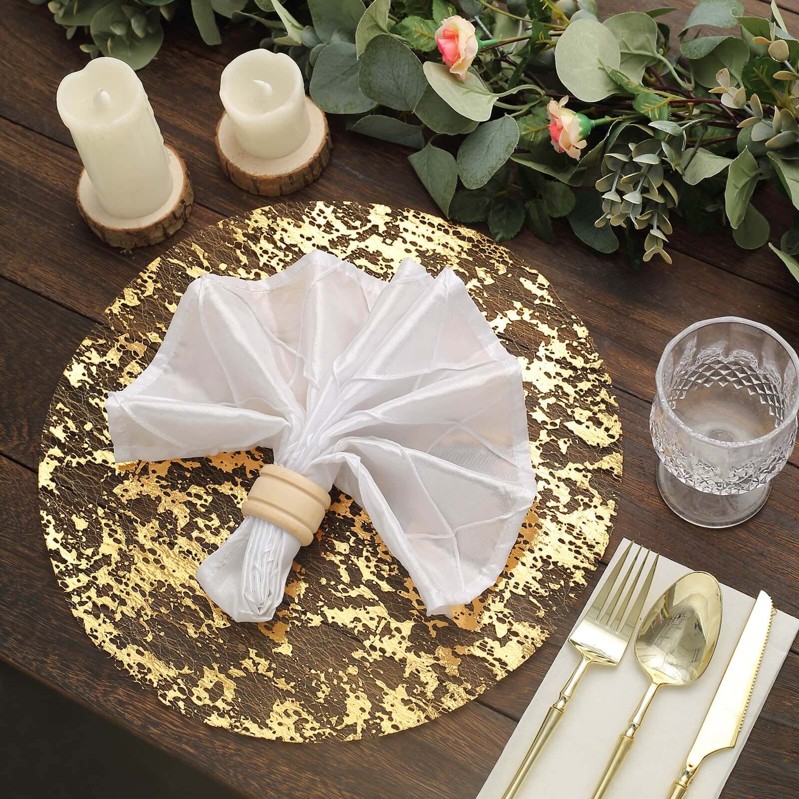 10 Pack Metallic Gold Foil Mesh Table Placemats, Disposable Round Shiny Dining Mats 13