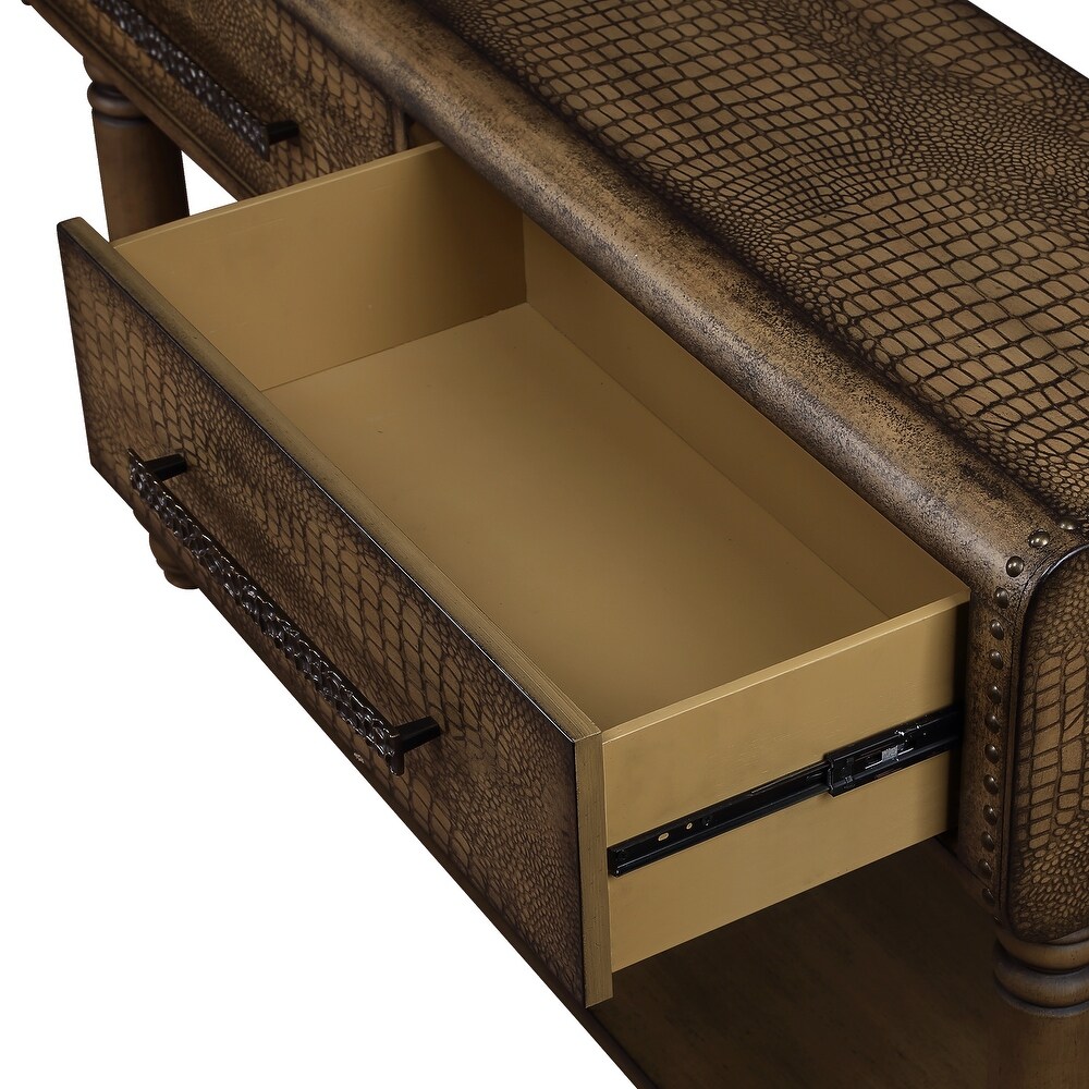 Imitation Crocodile Skin Apperance Sofa Table Wood Console Table with Two Drawers  2 Power Outlets and 2 USB Ports