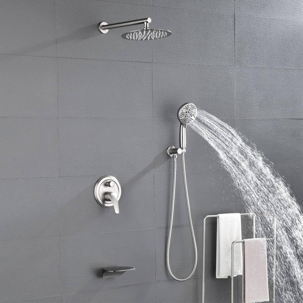 FLG Wall Mount Single-Handle 7-Spray Tub and Shower Faucet with 10 in. Rain Shower Head in Brushed Nickel (Valve Included) SS-0055-BN-10