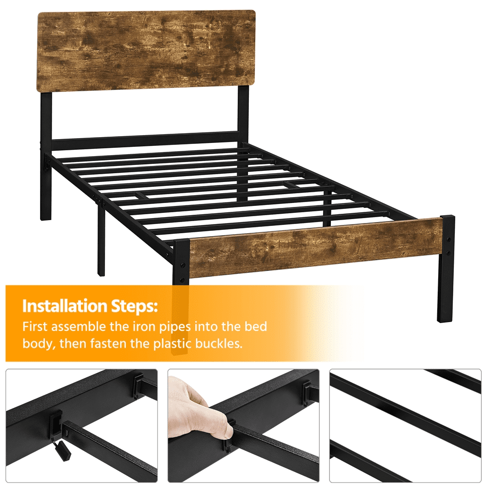 Topeakmart Platform Metal Twin Bed Frame with Wooden Headboard & Footboard