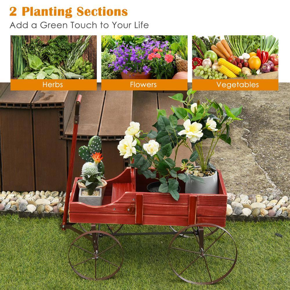 HONEY JOY Wooden Garden Flower Planter Wagon Wheel Plant Bed Decorative Garden Planter for Backyard Garden Red TOPB004891