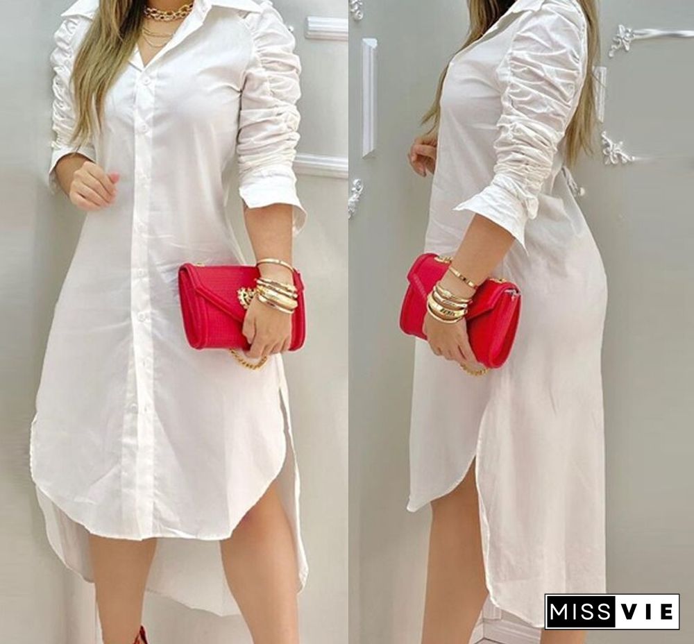 Long Shirt Dress Women Turn Down Collar Casual Dress