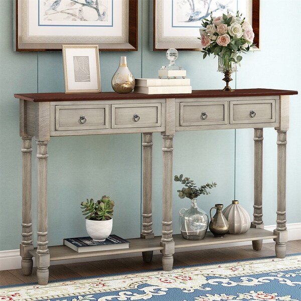 Control table with 2 drawers and bottom shelf， farmhouse couch table with solid wood tapered legs