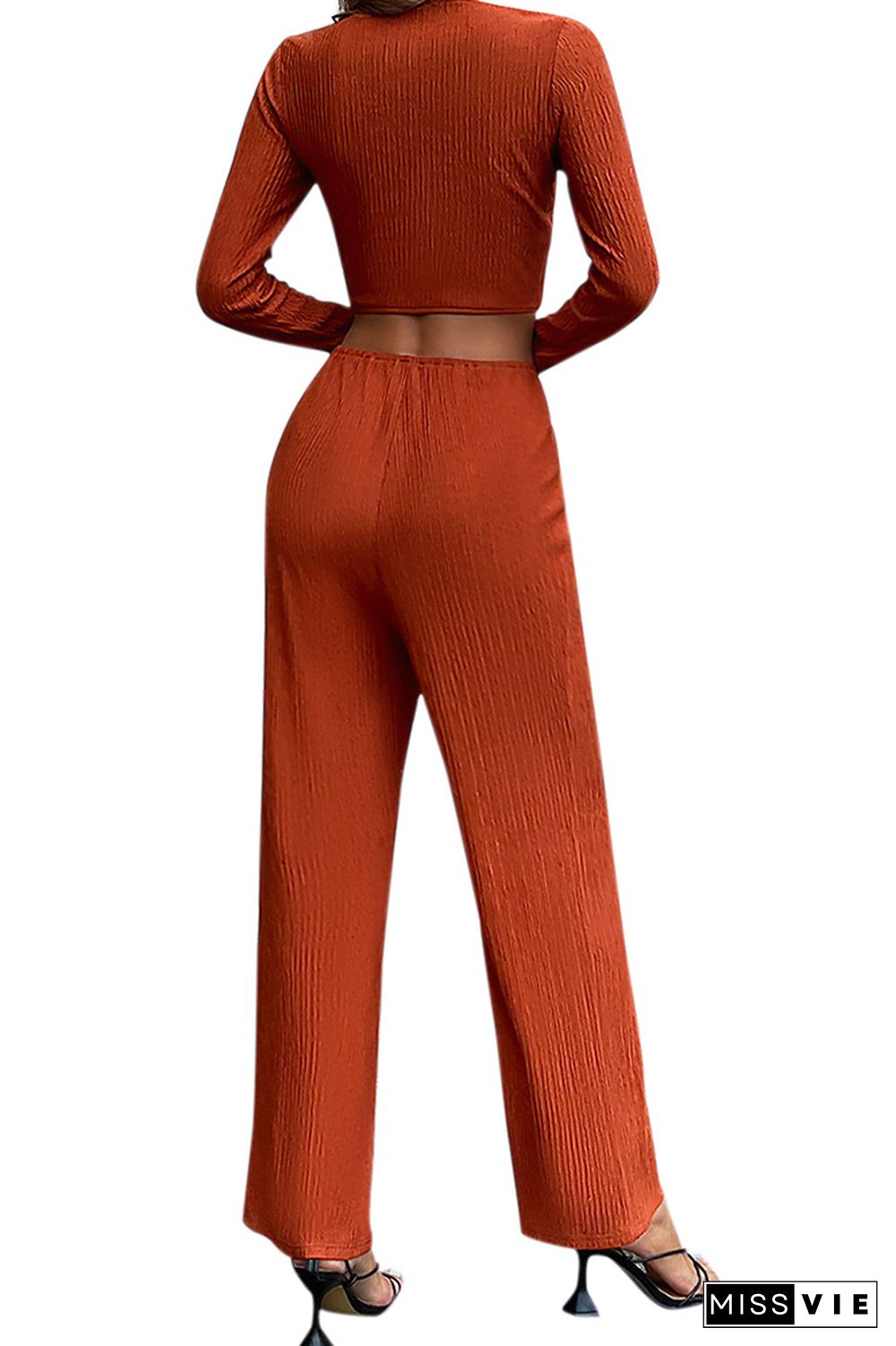 V Neck Ruched Top with Wide Pants 2pcs Pant Set