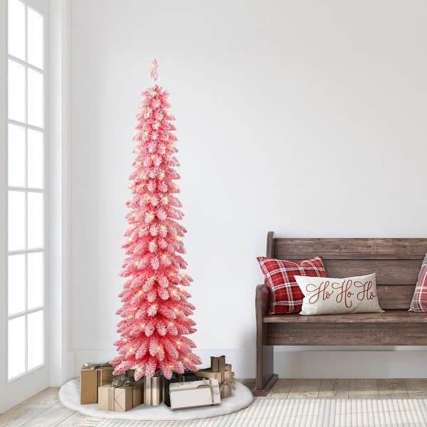 Puleo International 6 ft. PreLit Flocked Pink Artificial Alpine Pencil Tree