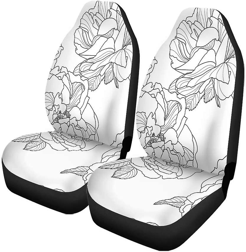 Set Of 2 Car Seat Covers Black White Outline Rose Flowers Universal Auto Front Seats Protector Fits For Car，suv Sedan，truck