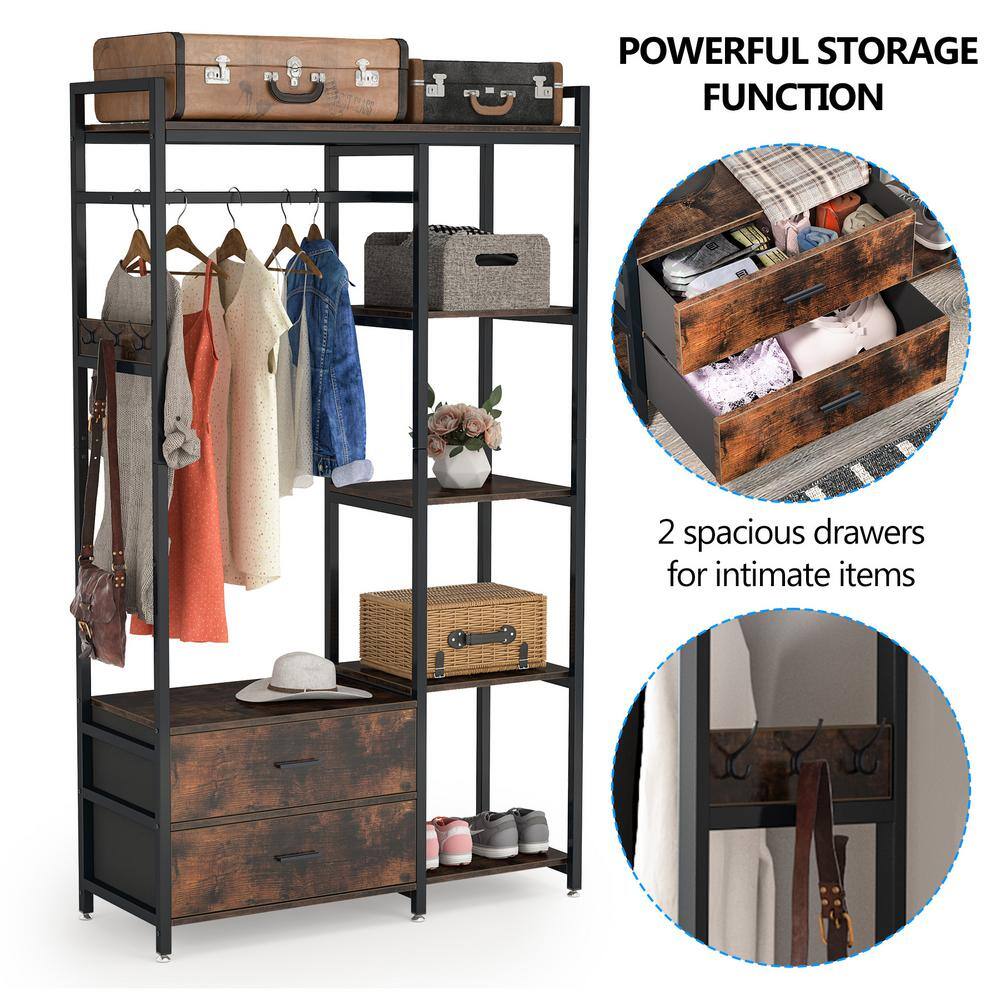 TRIBESIGNS WAY TO ORIGIN 47.2 in. W Freestanding Clothes Garment Rack with Shelves and 2 Drawers 5 Tier Rustic Brown Closet Organizer Wardrobe HD-GGF1546