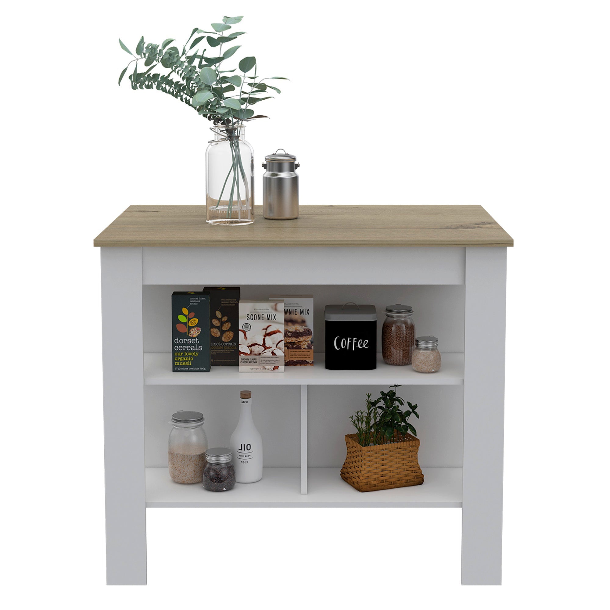 Boahaus Le Havre White Painted Kitchen Island， Wood Tabletop