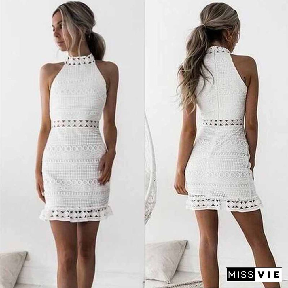 Women Vintage Hollow Out Lace Dress Women Elegant Sleeveless White Dress Summer Chic Party Sexy Dress Vestidos Robe